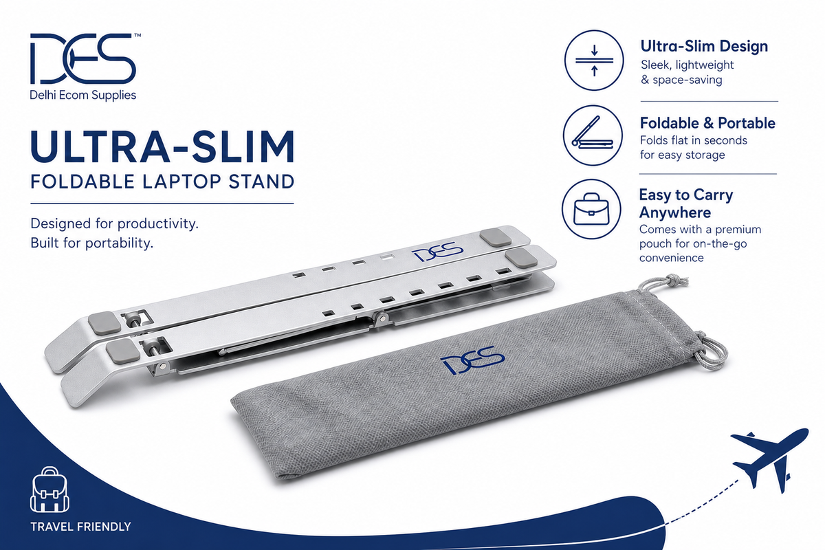 DES ultra-slim foldable aluminium laptop stand with storage sleeve and adjustable ergonomic design.