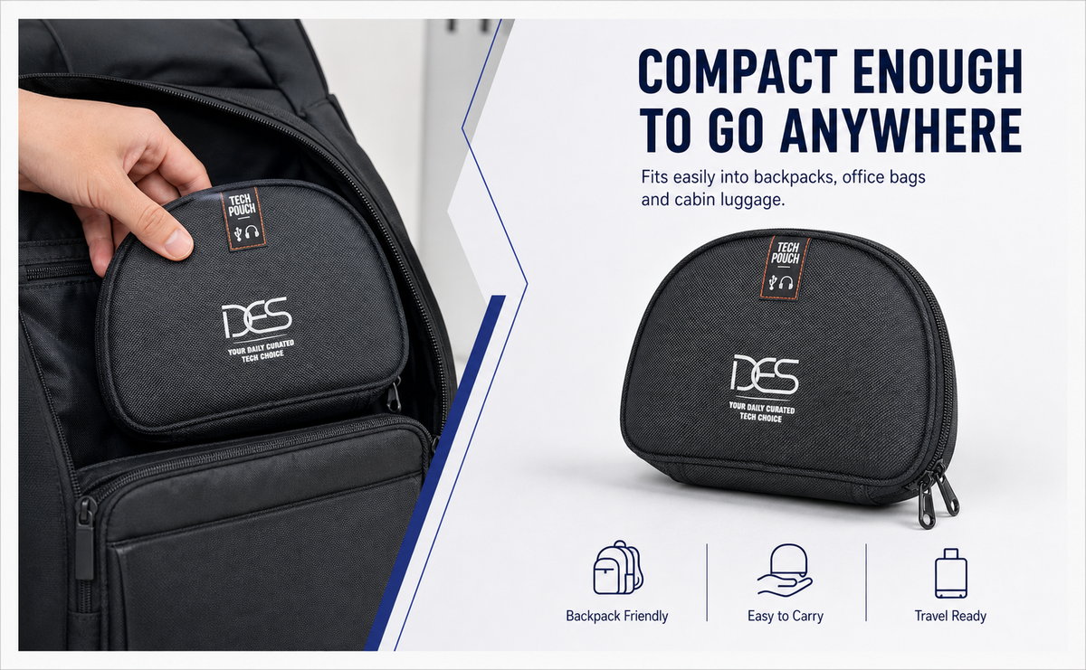 Open DES Tech Pouch with organized compartments for charger, mouse, cables, power bank, earbuds, passport and travel essentials.