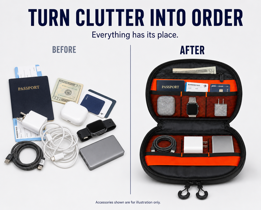 Before-and-after view showing loose tech accessories neatly organized inside the DES Tech Pouch.