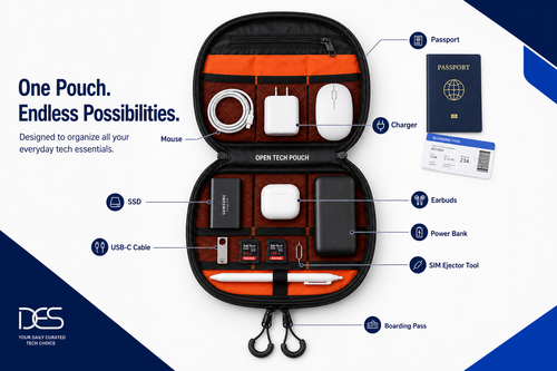 Open DES Tech Pouch with organized compartments for charger, mouse, cables, power bank, earbuds, passport and travel essentials.