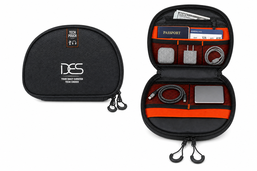 DES Tech Pouch shown closed and open with orange interior, organized cables, chargers, passport and tech accessories.